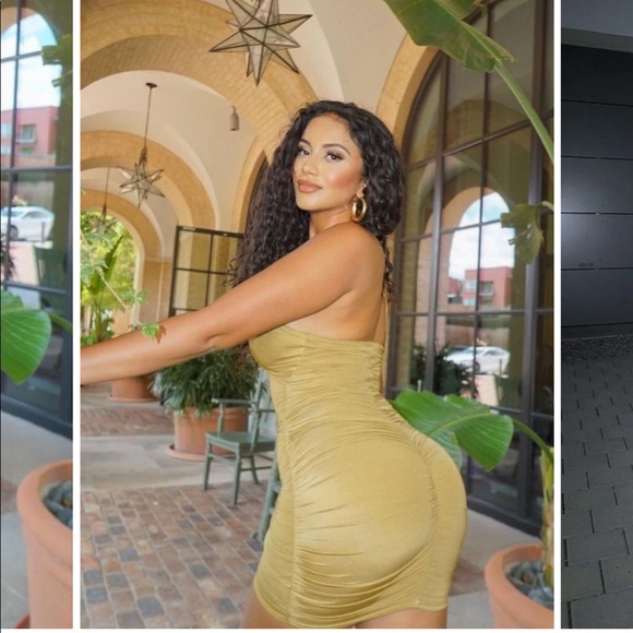 Olive slinky cross strap ruched mini dress - Picture 7 of 8